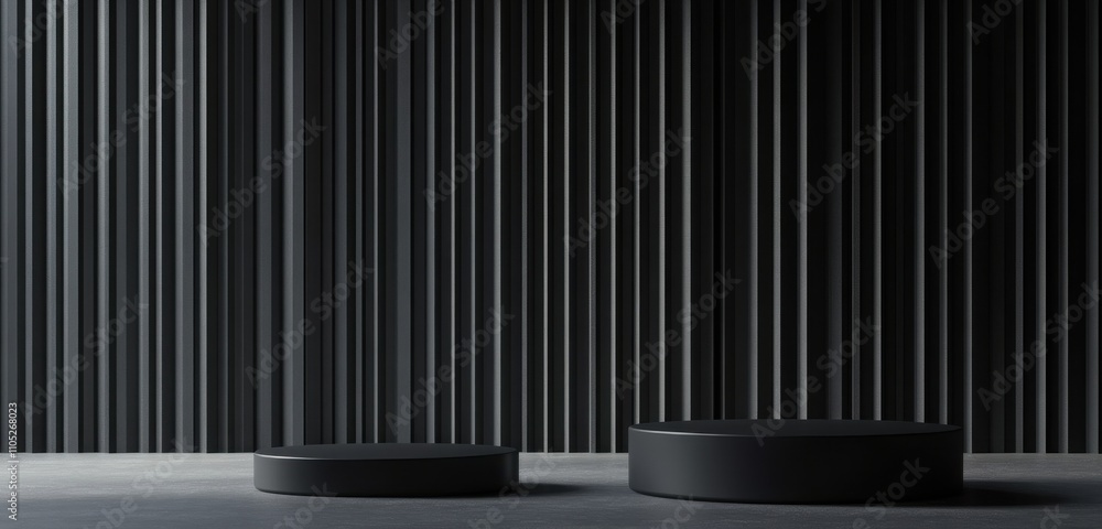 Minimalistic black-striped dark room background for product display. The 3D-rendered design combines vertical lines and a simple stage layout Minimalistic black-striped dark room background for product display. The 3D-rendered design combines vertical lines and a simple stage layout