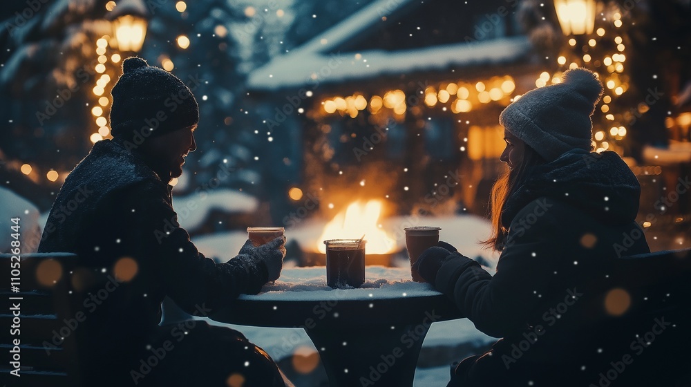 couple enjoying a hot drink by an outdoor fireplace at a ski lodge couple enjoying a hot drink by an outdoor fireplace at a ski lodge