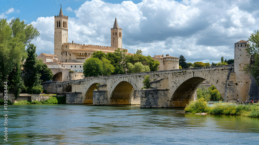 Ancient Stone Bridge Arching Over River, Towards Medieval Cathedral Towers Under Summer Sky Ancient Stone Bridge Arching Over River, Towards Medieval Cathedral Towers Under Summer Sky