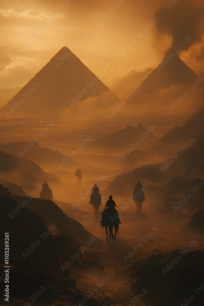 Fototapeta premium Sunset Caravan: Riders Across the Ancient Sands