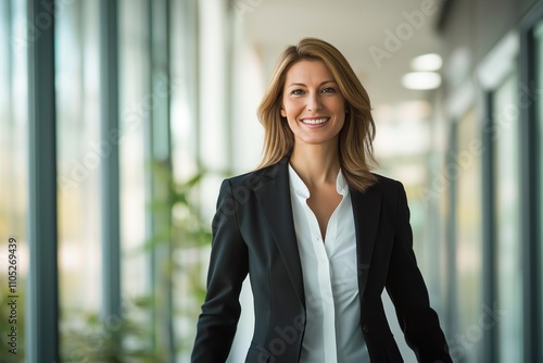Free Download Business woman walks in office building. Smiles confidently. Pro attire. Modern office interior. Successful career. Businesswoman in pro setting. Modern business person. Inspiring image of pro woman. - GFXLoad
