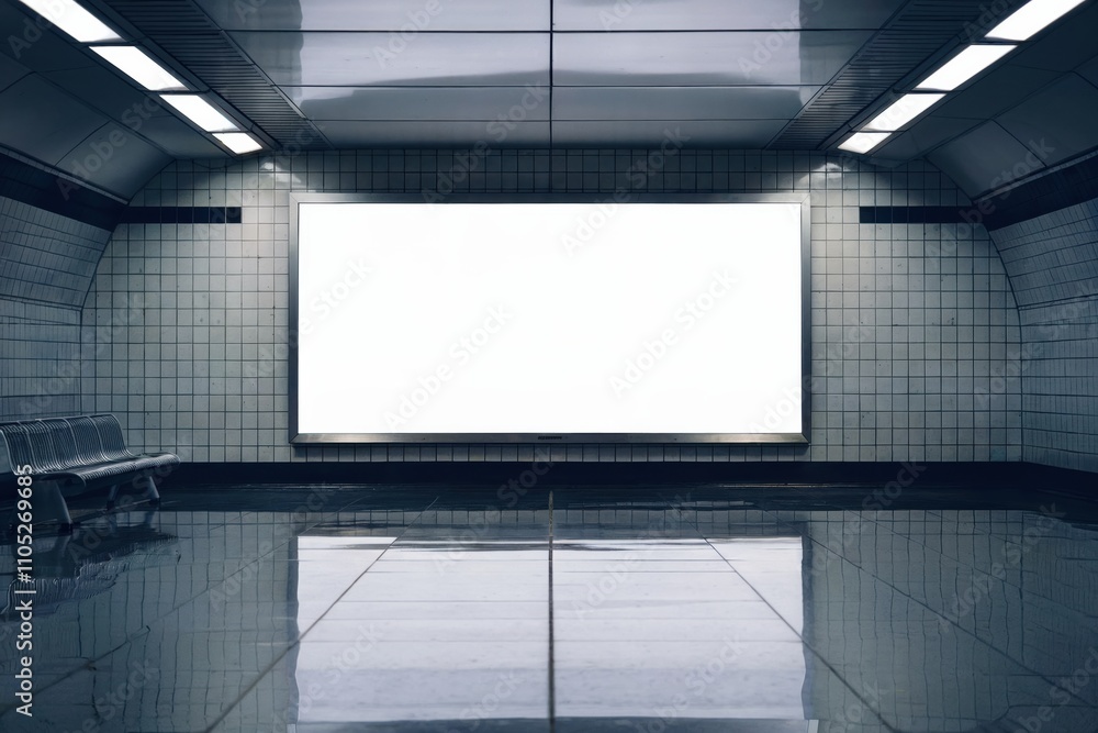 Blank white screen on tiled wall in a subway station Blank white screen on tiled wall in a subway station