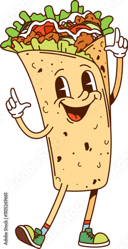 Cartoon Mexican burrito groovy fast food character gesturing to funky retro beat. Isolated vector shawarma comic fastfood personage, tasty meal with a vintage nostalgic 60s or 70s vibes and sneakers