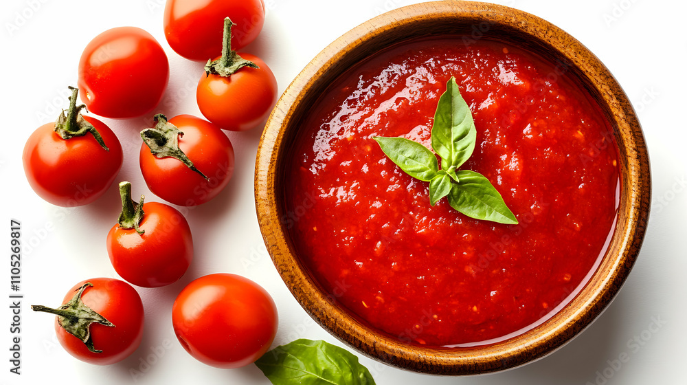 Vibrant Tomato Sauce in Wooden Bowl with Fresh Tomatoes and Basil