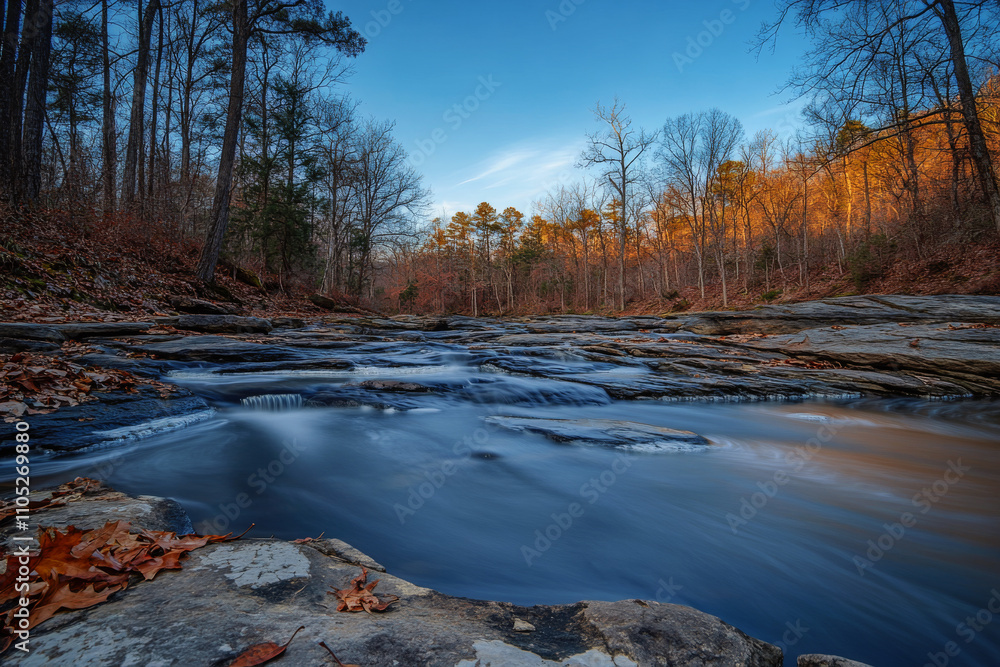 Naklejka premium Scenic view of river flowing through forest with colorful autumn foliage and rocks. Wild mountain cascade river with stones