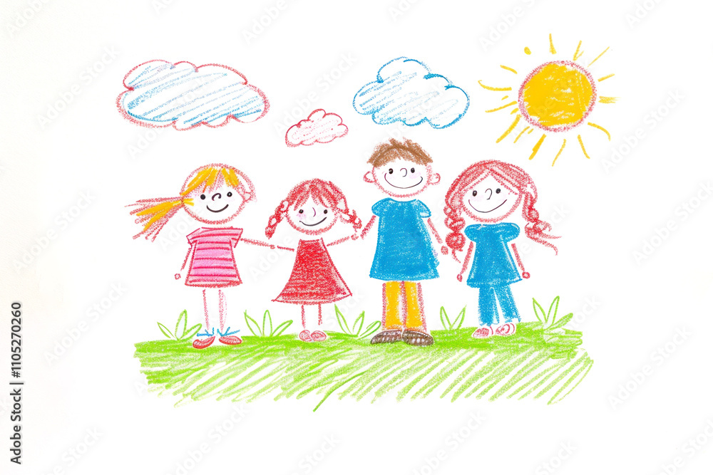 Happy family together, Naive children's drawing with colored chalk crayon pencil illustration Happy family together, Naive children's drawing with colored chalk crayon pencil illustration