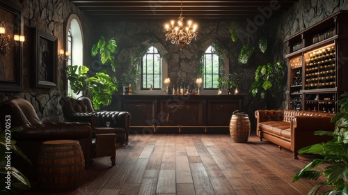 Luxurious medieval-style wine cellar with bar, leather furniture, and stone walls.