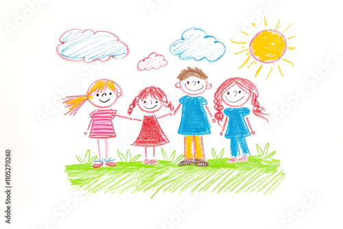 Happy family together, Naive children's drawing with colored chalk crayon pencil illustration