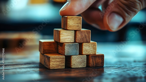 Wallpaper Mural Hand Carefully Placing Wooden Blocks to Build a Pyramid Structure on a Wooden Surface Torontodigital.ca