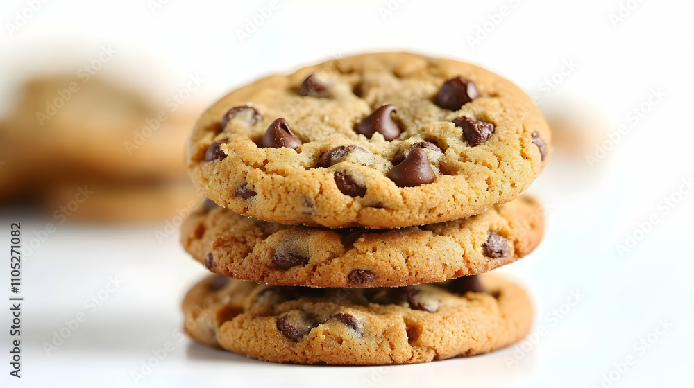 Close-up of Three Delicious Chocolate Chip Cookies Stacked High Close-up of Three Delicious Chocolate Chip Cookies Stacked High