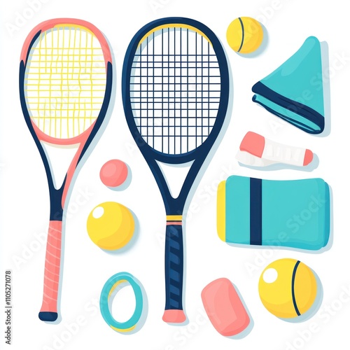 Tennis Equipment Illustration Colorful Rackets Balls Towels