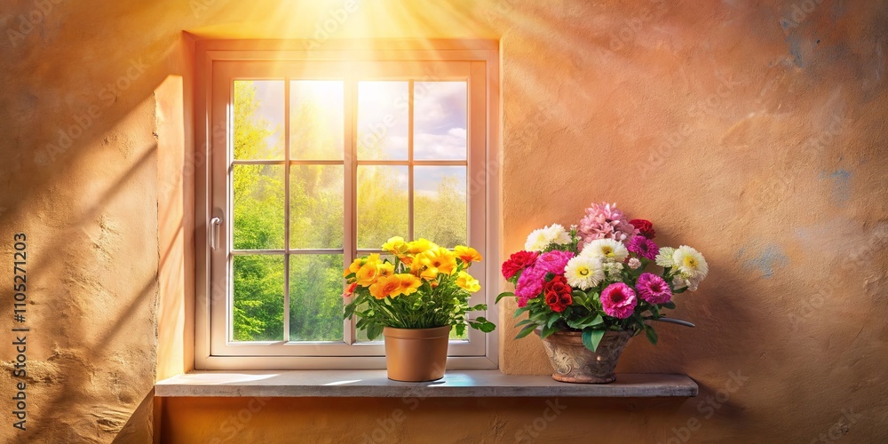 Sunlit Windowsill with Vibrant Flower Arrangements in Earthenware Pots Sunlit Windowsill with Vibrant Flower Arrangements in Earthenware Pots