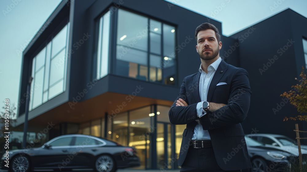 custom made wallpaper toronto digitalConfident car salesman in suit outside modern dealership building
