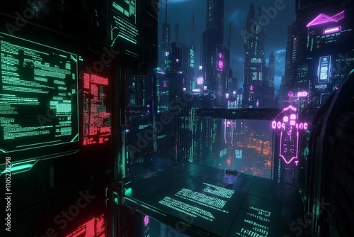 A sci-fi inspired digital landscape with glowing circuits and holographic grids photo