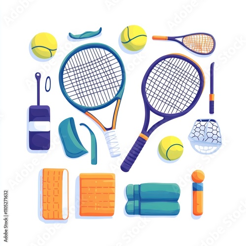 Vibrant Tennis Illustration Featuring Racquets, Balls, and Gear