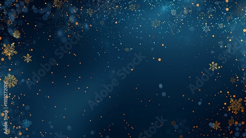 Dark blue Christmas festive background with snowflakes and golden glitter, vector illustration design for banner, poster, or web template, New Year concept.