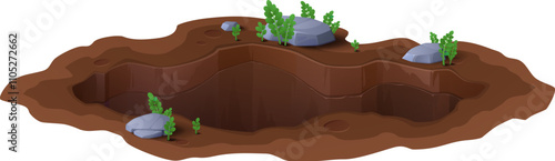 Cartoon deep dirty pit and burrow, ground hole with scattered rocks and small green plants, providing natural landscape. Isolated vector muddy crevice. Environmental natural gap, excavations or cavity