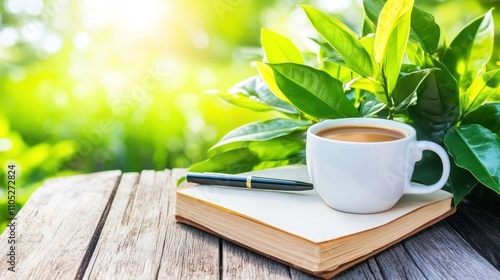 Coffee Book Pen Nature Peaceful Morning Scene