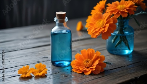 Una flor de caléndula naranja con una botella de vidrio de aceite esencial en primer plano photo