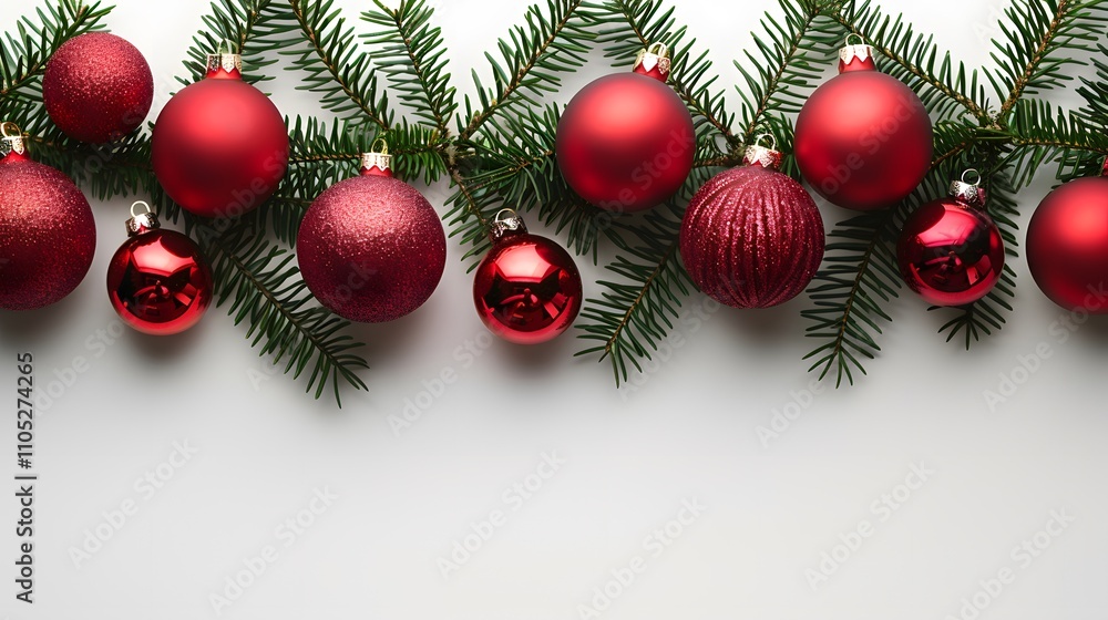 Festive red baubles and pine branches on white background. Festive red baubles and pine branches on white background.