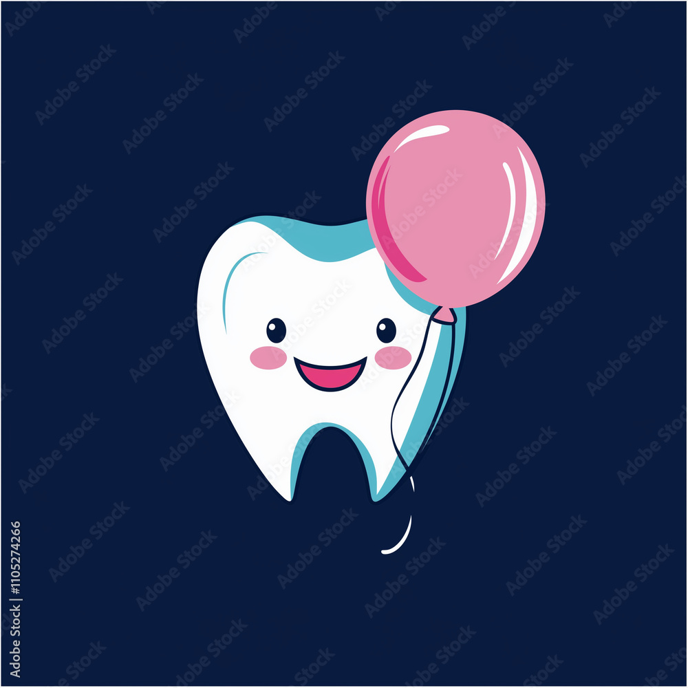 Smiling tooth holding pink balloon on dark blue background Smiling tooth holding pink balloon on dark blue background