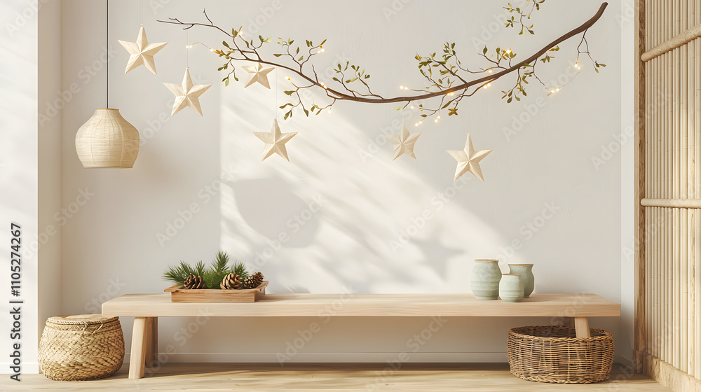modern Japanese entryway features minimalist design with wooden bench, decorative stars, and natural elements. serene atmosphere invites relaxation and harmony modern Japanese entryway features minimalist design with wooden bench, decorative stars, and natural elements. serene atmosphere invites relaxation and harmony