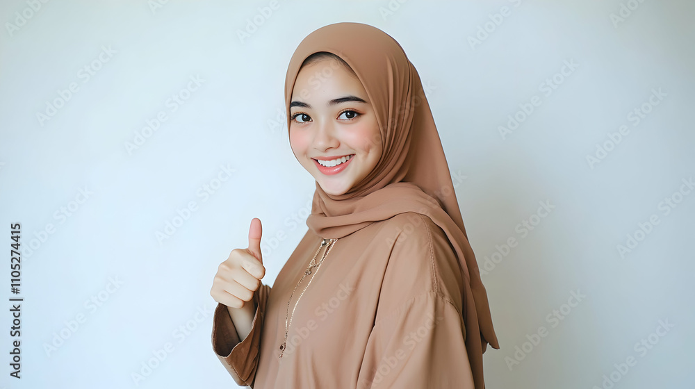 Smiling Woman in Brown Hijab Gives Thumbs Up, Positive Portrait Against White Background Smiling Woman in Brown Hijab Gives Thumbs Up, Positive Portrait Against White Background