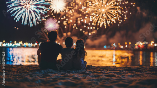 Fototapeta Naklejka Na Ścianę i Meble -  Family watching fireworks at the beach on a warm summer night