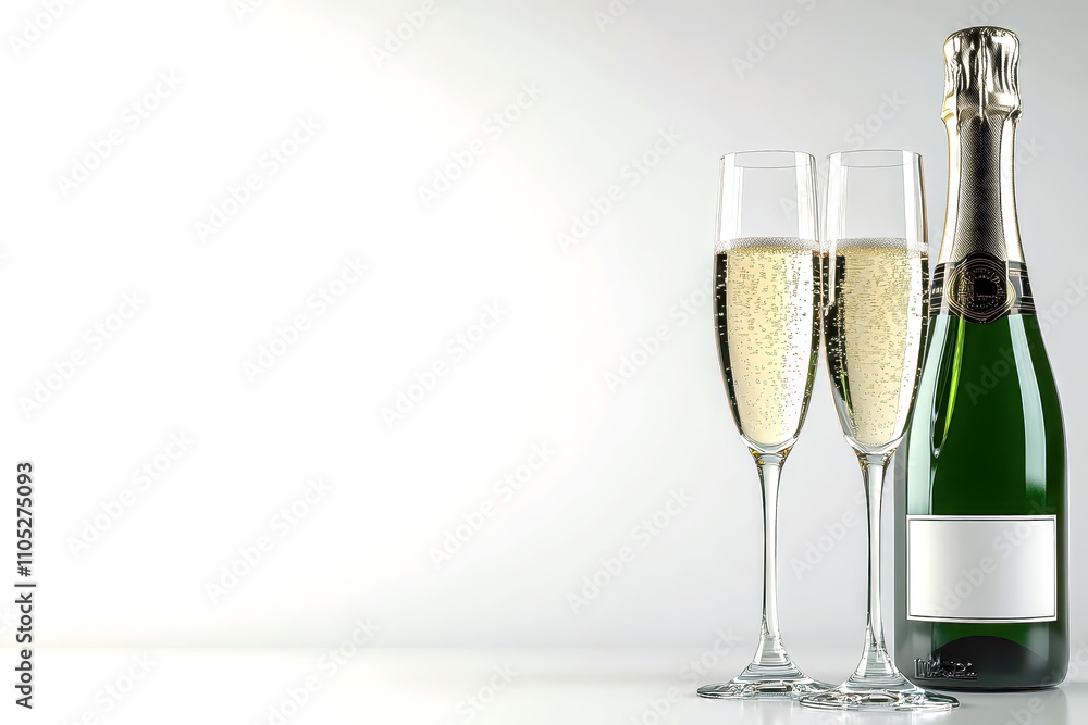 Champagne bottle and two flutes with sparkling wine on soft gradient background Champagne bottle and two flutes with sparkling wine on soft gradient background