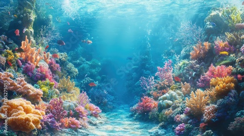 A coral reef filled with fish and marine life, showing underwater beauty