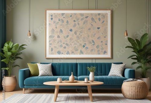 Photo modern style interior room 3d illustration with doodle abstract pattern