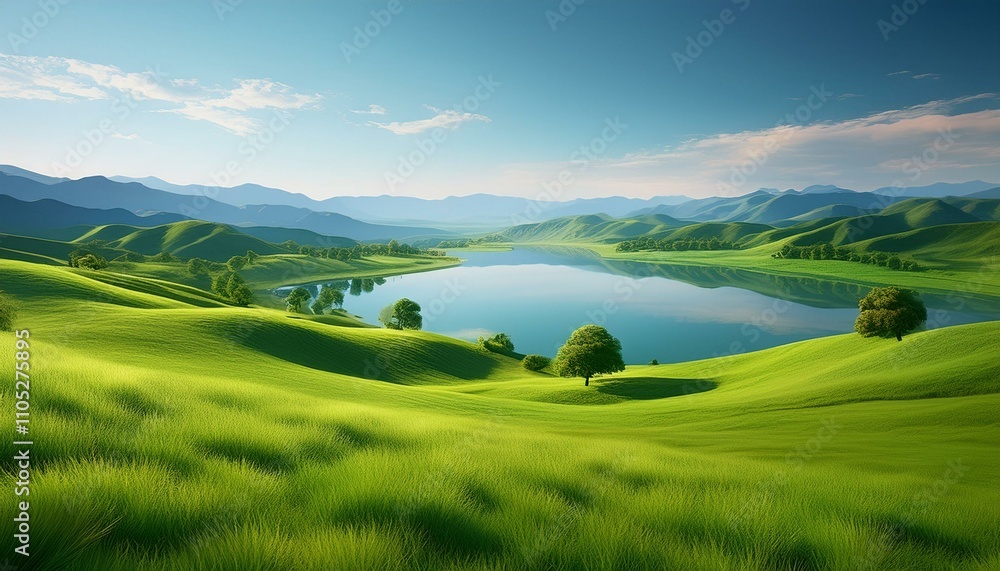 Fototapeta premium Scenic view of a lake nestled between mountains with green fields and trees under a cloudy sky.