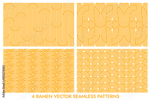 Ramen noodles pasta seamless patterns. Asian cuisine food vector backgrounds set with yellow waves and curved lines. Japanese and chinese ramen geometric patterns of traditional oriental noodles dish