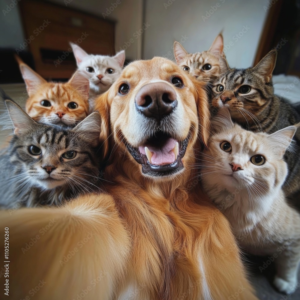 A golden retriever taking a selfie with multiple cats. Selfie concept A golden retriever taking a selfie with multiple cats. Selfie concept