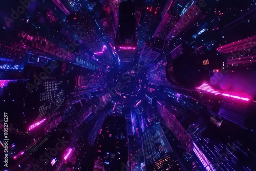 Futuristic Aerial View of Neon Cityscape with Vibrant Lights and Skyscrapers in a Sci-Fi Style, Evoking a Sense of Wonder and Technological Advancement