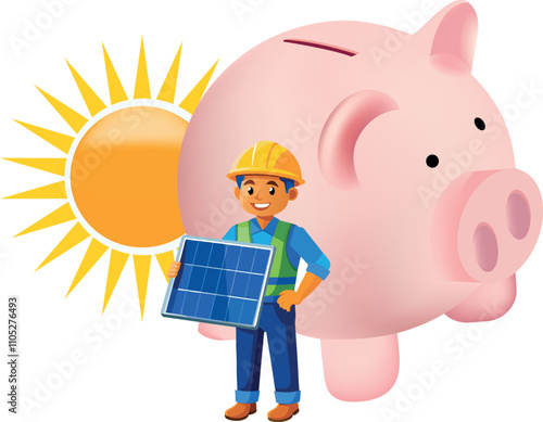 Construction worker holding solar panel with piggy bank and sun, saving money with solar energy