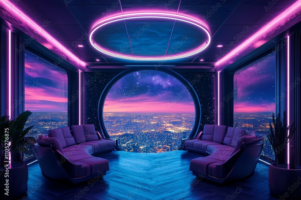 Fototapeta premium Ultra-Modern Coworking Space with Futuristic Design, Surrounded by a Stunning View of Earth, Featuring Dynamic Colors and Sleek Furniture for Enhanced Creativity