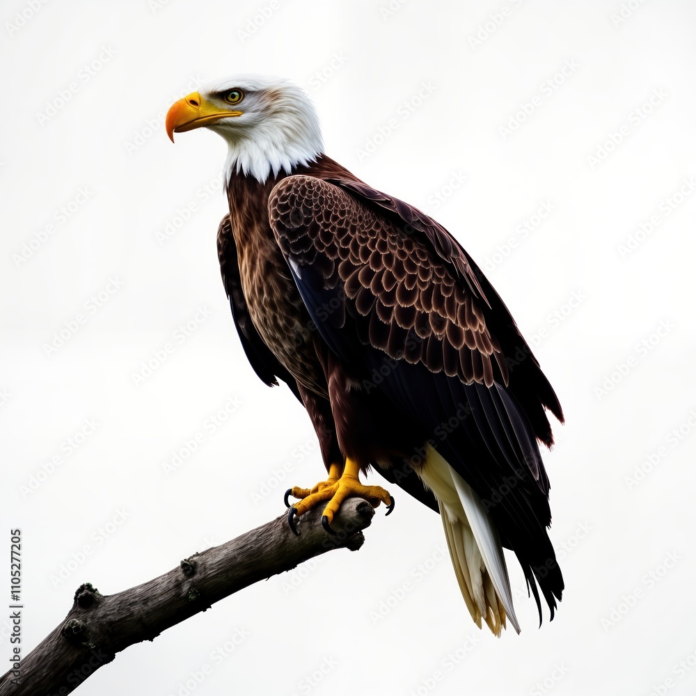 Majestic bald eagle perched on tree branch. Powerful bird of prey with white head, brown wings. Sharp talons grip sturdy branch. Wild bird displays strength, hunting prowess in natural setting. Majestic bald eagle perched on tree branch. Powerful bird of prey with white head, brown wings. Sharp talons grip sturdy branch. Wild bird displays strength, hunting prowess in natural setting.