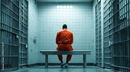 Solitary inmate in orange jumpsuit sits alone in prison cell