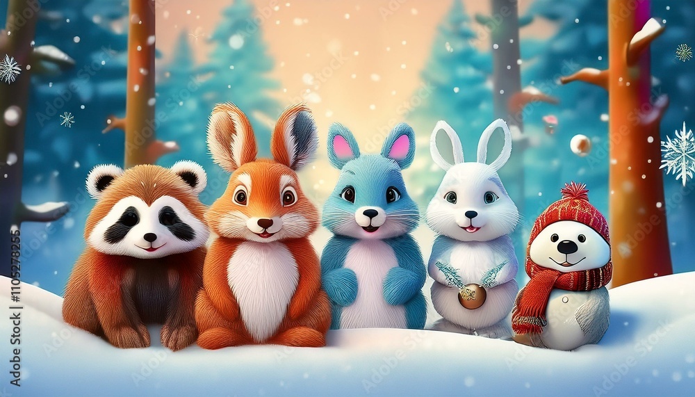 Many cartoon cute animals in the snowy forest. Many cartoon cute animals in the snowy forest.