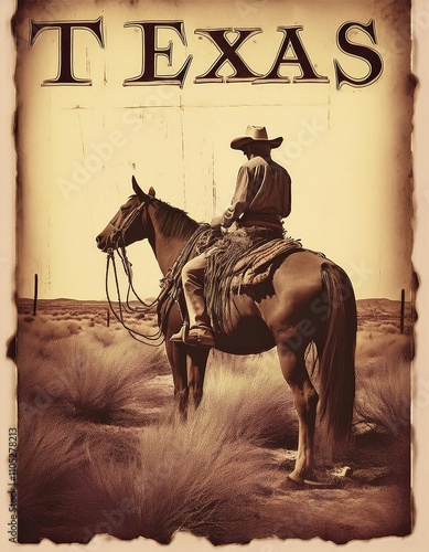 A cowboy on horseback navigates the vast Texas desert, surrounded by tall grass and cacti, embodying the spirit of the wild west. photo