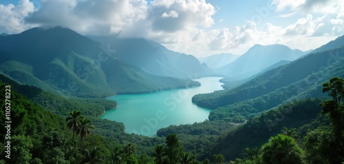 Mountain landscape with turquoise lake. Green rainforest vegetation. Tropical scenery. Natural outdoor view. Peaceful mountain lake surrounded by dense forest. Sunlight illuminates scene. Scenic photo