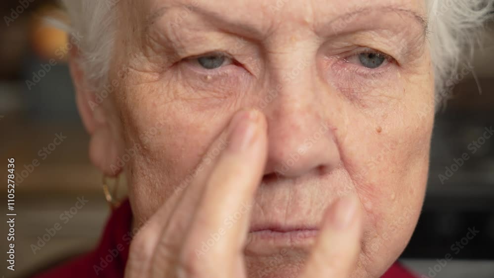 Flabby and wrinkled skin on senior woman face, old female touches her nose. Senior female with dry facial skin with wrinkles Flabby and wrinkled skin on senior woman face, old female touches her nose. Senior female with dry facial skin with wrinkles