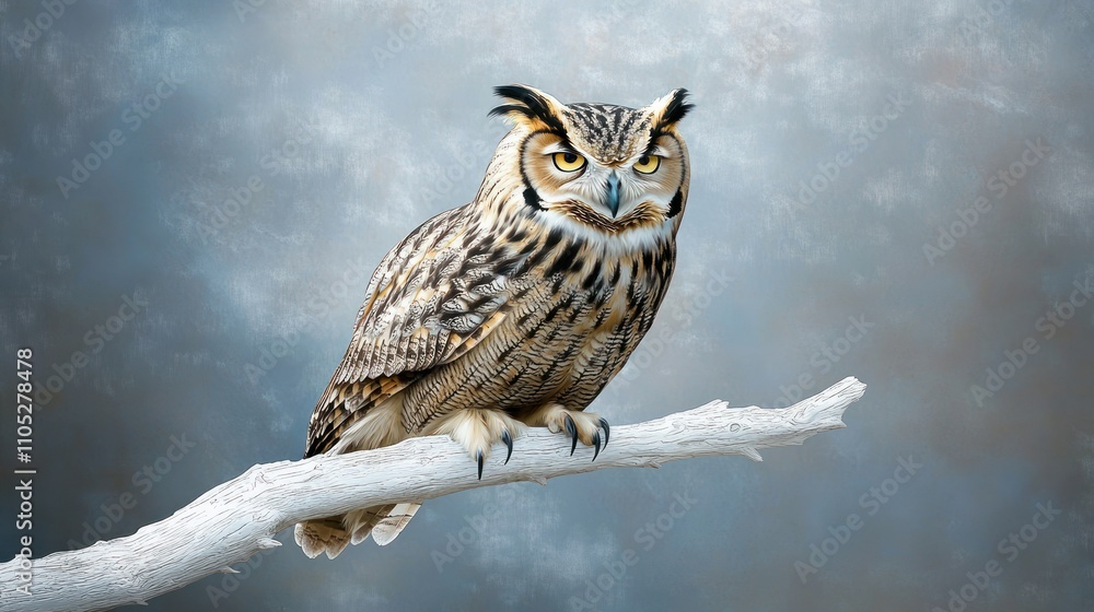 Majestic Great Horned Owl Perched on Bleached Branch Majestic Great Horned Owl Perched on Bleached Branch