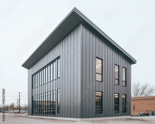 A steel-gray warehouse with tall windows and angular architecture in a zone.