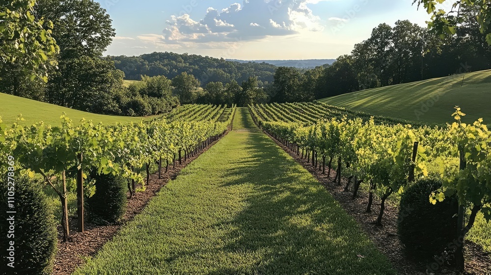 Fototapeta premium A lush vineyard in summer, with rows of grapevines stretching into the distance