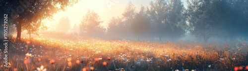 A meadow blanketed in morning dew, sparkling in the sunlight photo