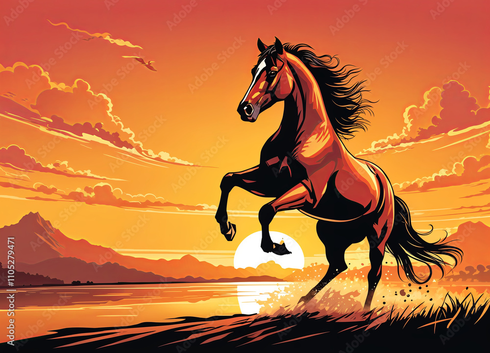 powerful brown horse gallops through a golden sunset, its mane and tail flowing in the wind. The horse's silhouette stands out against the fiery sky, symbolizing freedom and energy. powerful brown horse gallops through a golden sunset, its mane and tail flowing in the wind. The horse's silhouette stands out against the fiery sky, symbolizing freedom and energy.