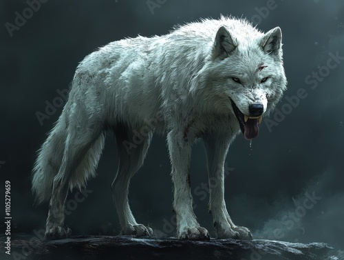 Majestic white wolf standing on a rocky surface, showcasing strength and beauty in a mystical, foggy environment. photo