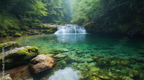 Serene forest scene featuring a tranquil waterfall cascading into a crystal-clear pool surrounded by lush greenery.